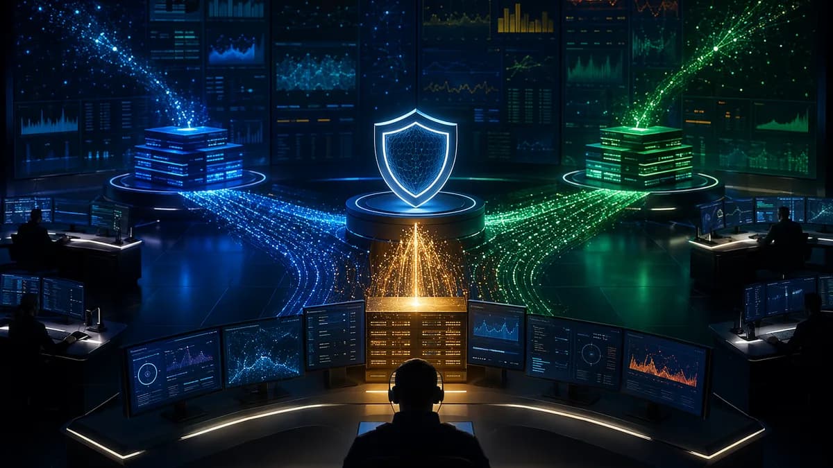 Futuristic SOC with converging security platforms, shields, locks, and data streams in a dark tech setting.