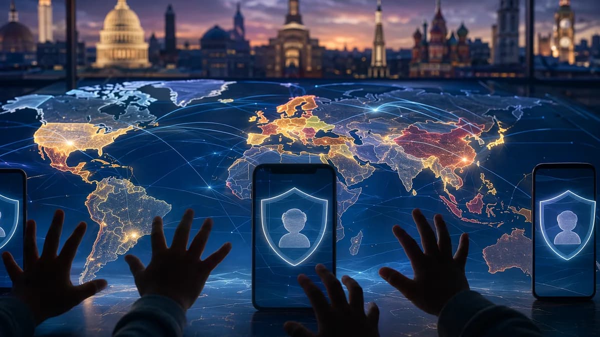 World map with connected countries and shielded phones symbolizing child social media bans.