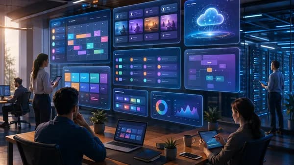 Agency team managing social media scheduling dashboards, approvals, automation, and analytics in a modern workspace.