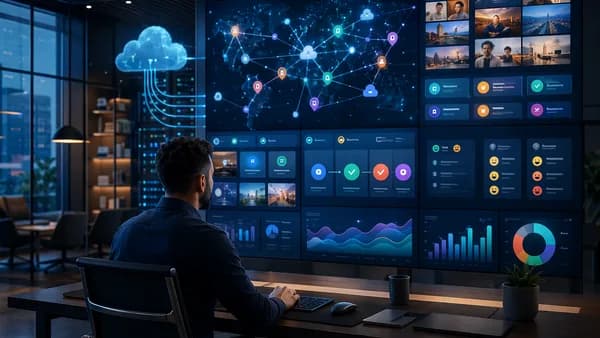 Modern SaaS dashboard visualizing multi-location social media management and reporting.