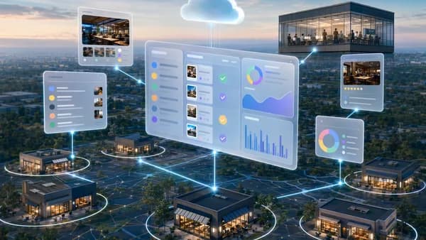 SaaS dashboard linking HQ controls with multiple local locations, reviews, inboxes, and analytics.