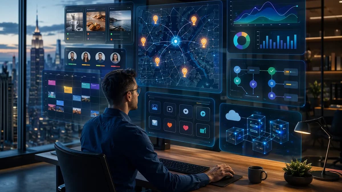 SaaS dashboard visualizing multi-location social media control, approvals, analytics, and cloud infrastructure.