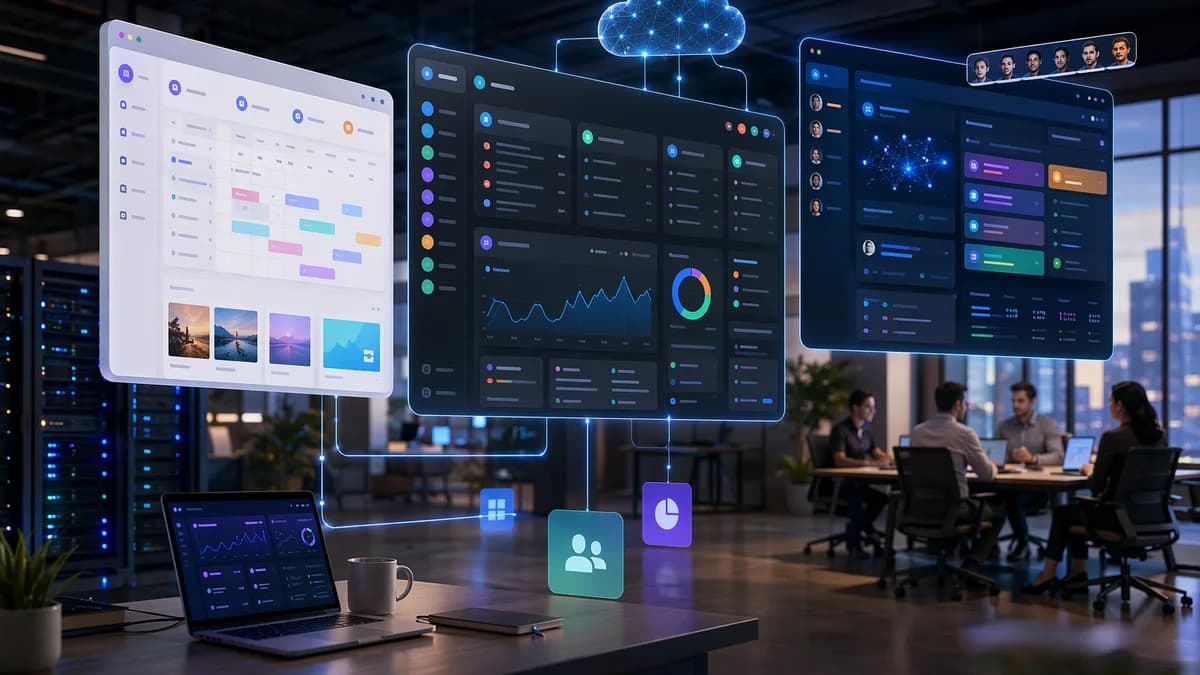 Three abstract SaaS dashboards compare agency scale, lightweight scheduling, and enterprise team tools.