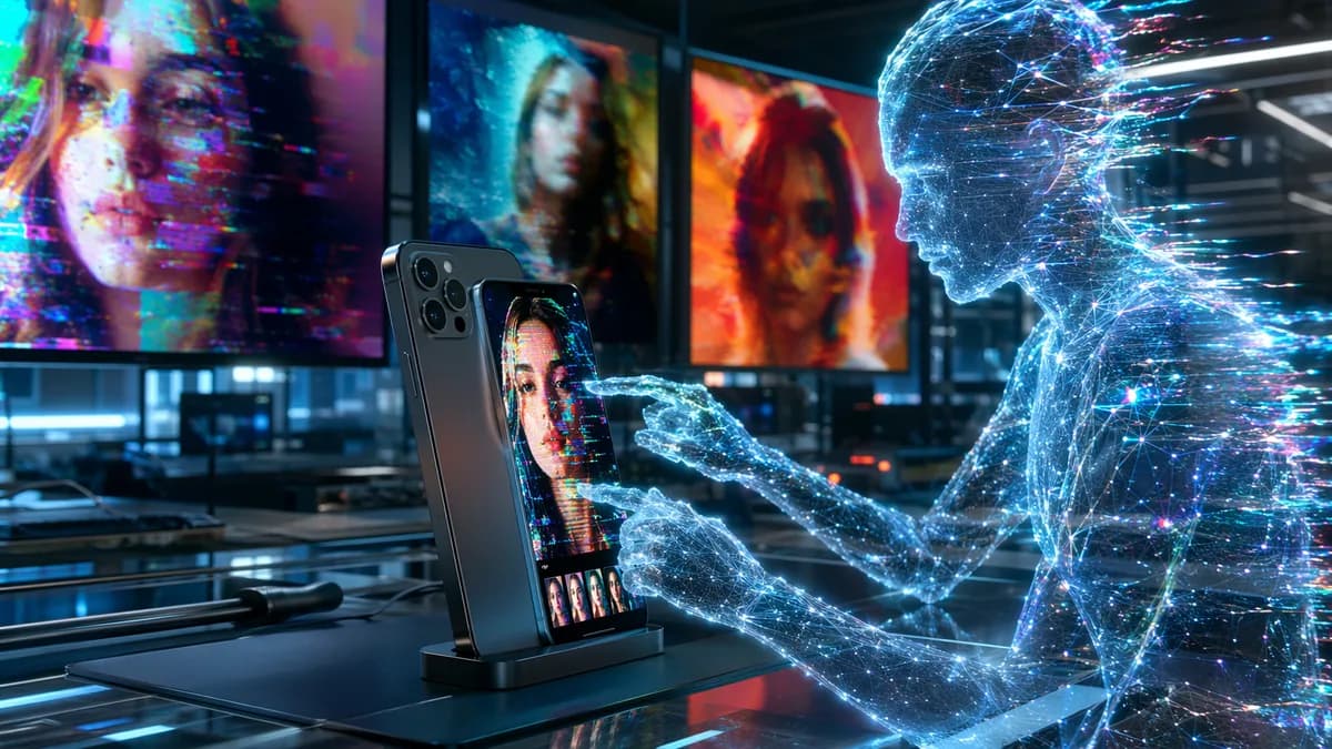 Unbranded smartphone with glitching AI assistant and overprocessed photo previews in a futuristic workspace