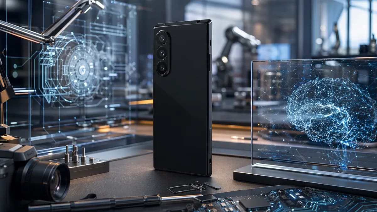 Unbranded flagship smartphone in a futuristic tech workspace with circuits and AI interface glow.