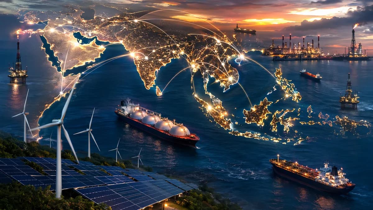 World map linking Middle East and Southeast Asia with tankers, energy infrastructure, and renewables.
