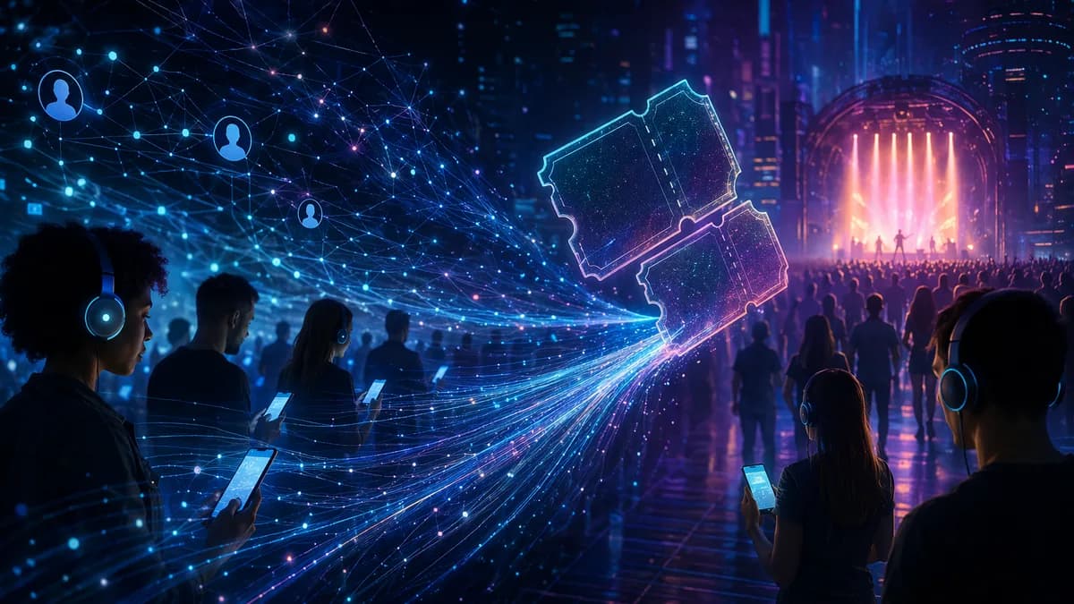 Futuristic music fans and data streams converging on holographic concert tickets in a tech hub.