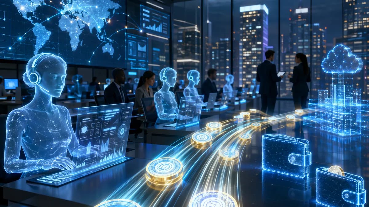 AI agents route enterprise payments through glowing stablecoin rails in a futuristic fintech operations hub.
