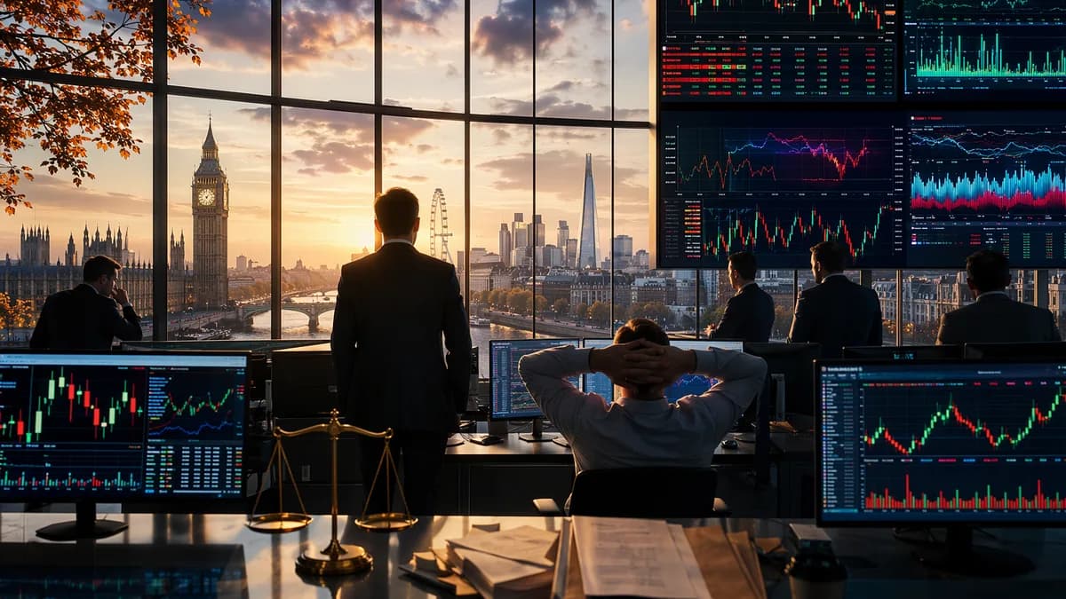 London trading floor with Westminster backdrop and unlabeled market charts amid UK political uncertainty
