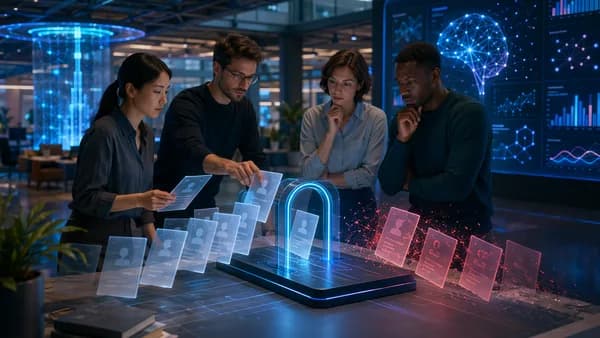 Founders in a futuristic workspace refine accelerator applications with glowing metrics and selection visuals.