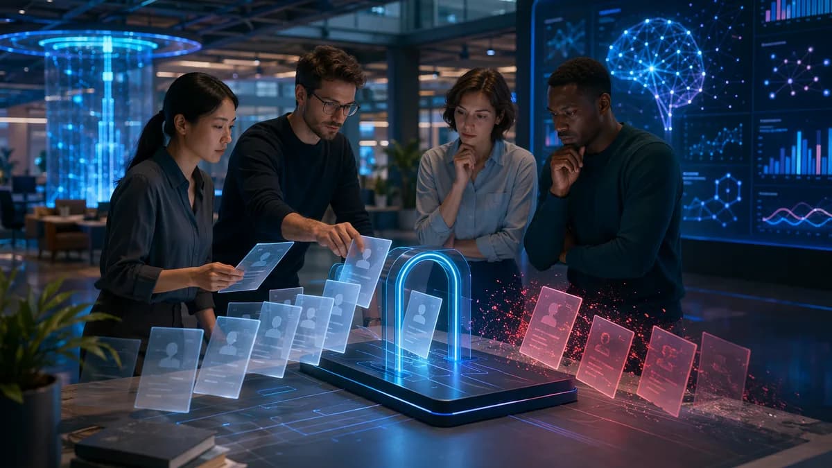 Founders in a futuristic workspace refine accelerator applications with glowing metrics and selection visuals.