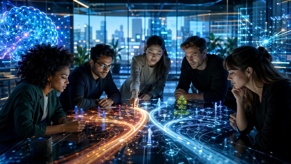 Founders weigh startup accelerator paths in a futuristic AI innovation hub with glowing data networks.