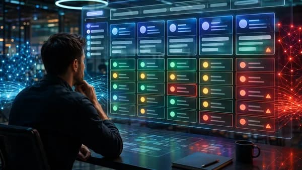 Founder uses an AI database interface to compare startup accelerator program fit in a futuristic workspace.