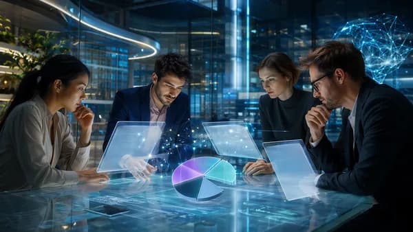 Founders in a futuristic accelerator workspace weighing abstract equity tradeoffs and startup terms.