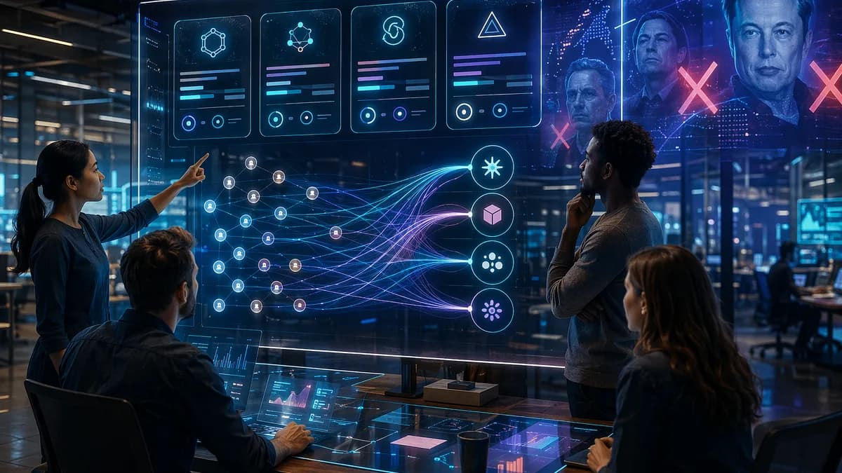 Founders use an AI tool to match startups with suitable accelerators in a futuristic workspace.