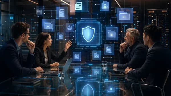 Secure digital data room with founders and investors reviewing organized files in a futuristic workspace