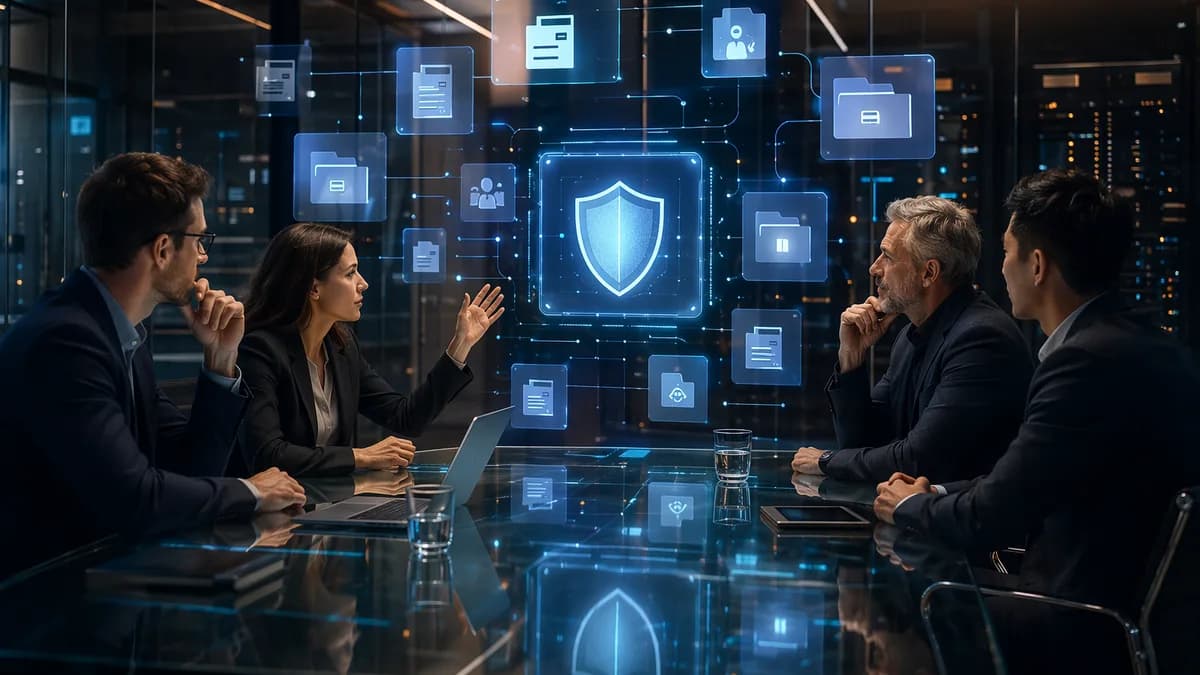 Secure digital data room with founders and investors reviewing organized files in a futuristic workspace
