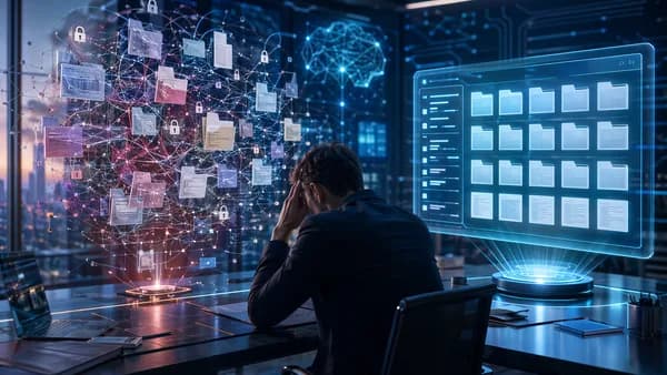 Founder facing chaotic virtual data room files in a futuristic tech workspace