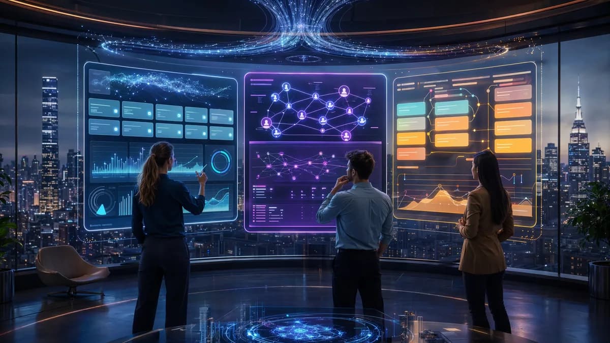 Futuristic fundraising CRM workspace with abstract dashboards, investor networks, and pipeline data.
