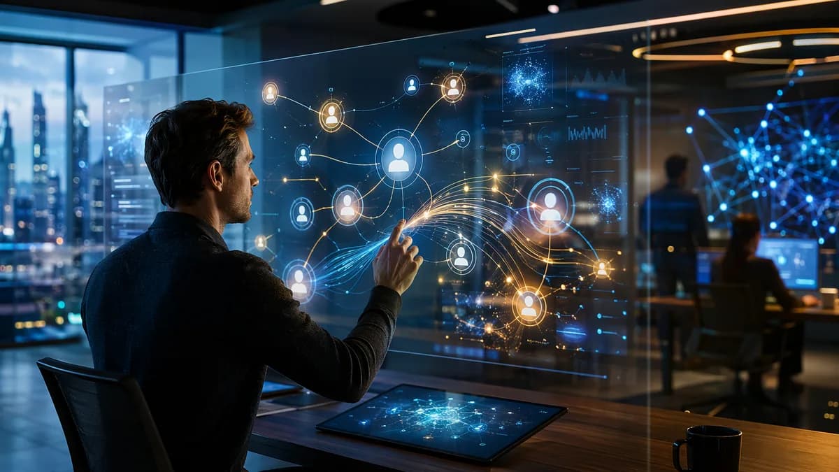 Founder using abstract investor CRM screens in a futuristic startup workspace