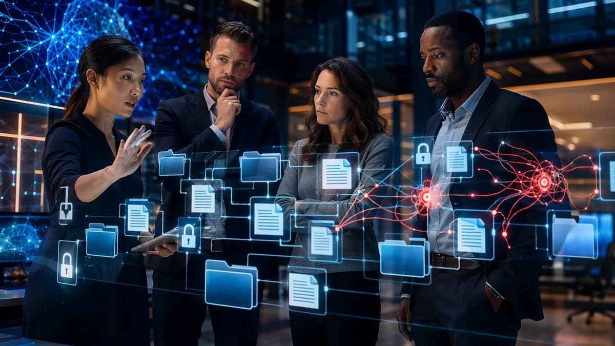 Founder and investors review a secure startup data room with warning nodes in a futuristic workspace.