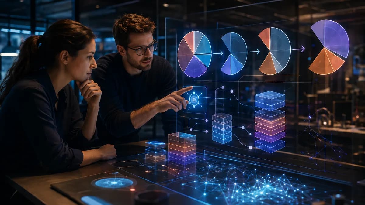 Founders analyze abstract equity dilution visuals in a futuristic startup finance workspace.