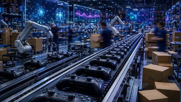 Futuristic warehouse with unbranded game controllers on conveyors, suggesting delayed tech shipments.