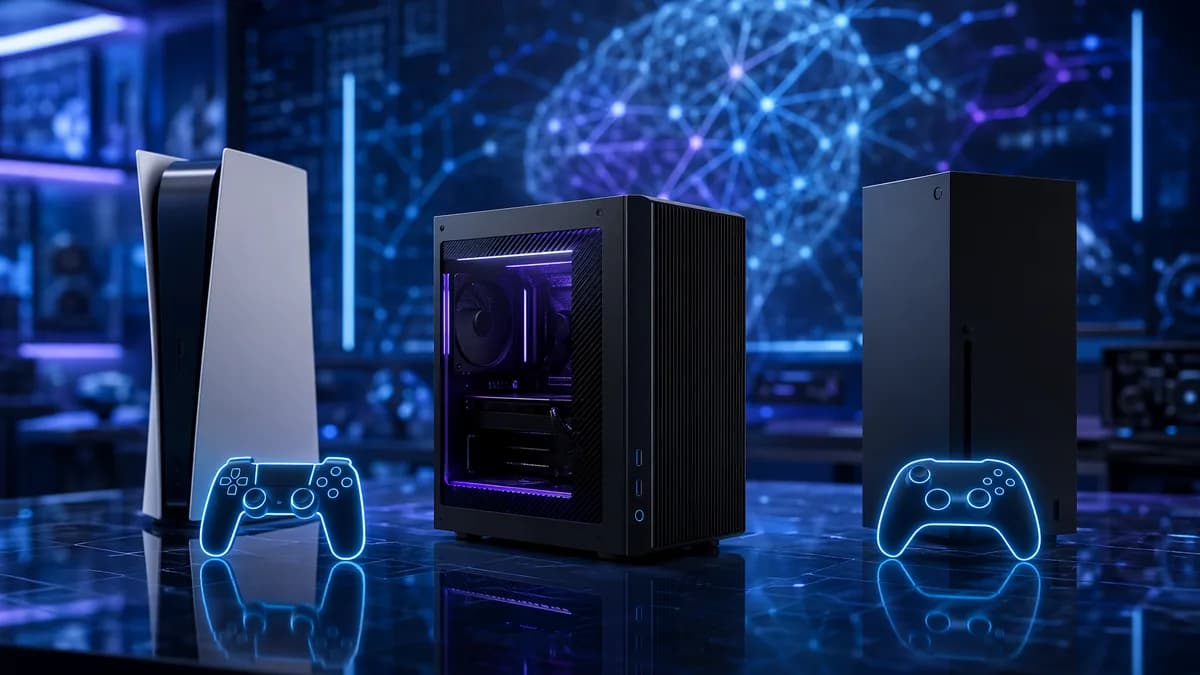 Premium compact gaming PC console displayed in a futuristic tech workspace beside generic console silhouettes.