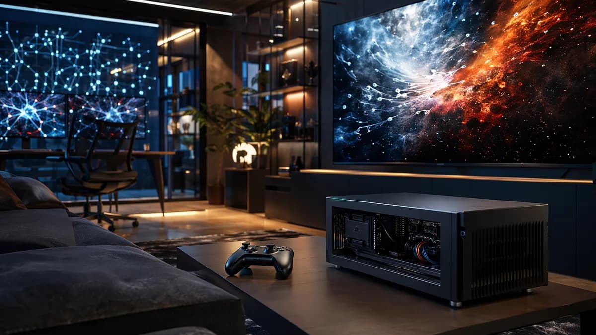Compact couch gaming PC in a futuristic living room with controller, screen, and circuit-inspired lighting.