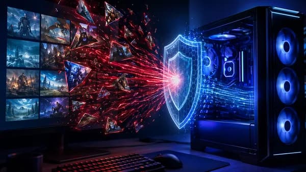 Gaming wallpaper downloads visualized as malware streams attacking a protected computer system