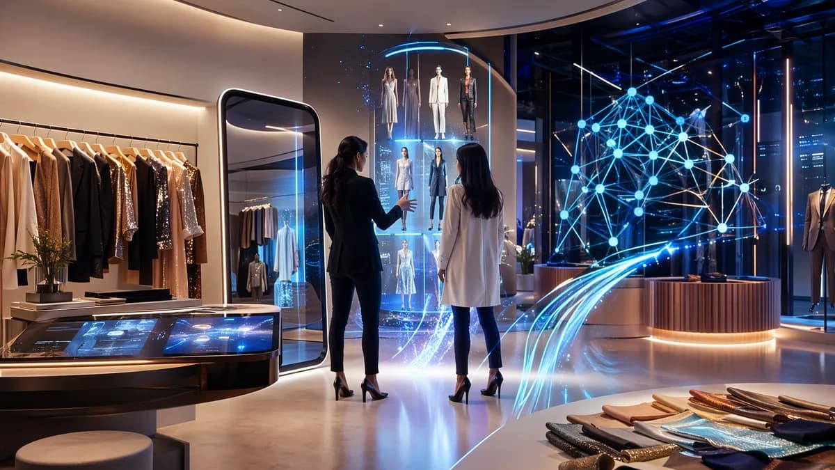 AI-powered personal shopping studio with smart mirrors, clothing racks, and glowing tech interfaces.