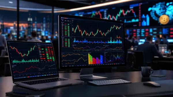 Mac trading workstation with abstract stock charts and market data visualizations
