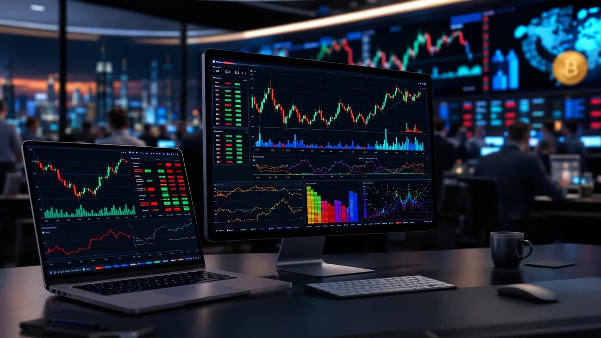 Mac trading workstation with abstract stock charts and market data visualizations