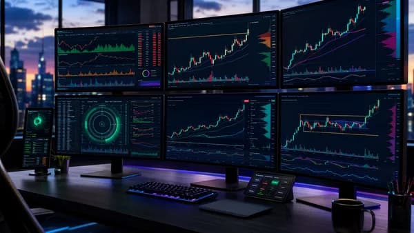 Modern trading desk with abstract charts and breakout signals on multiple screens