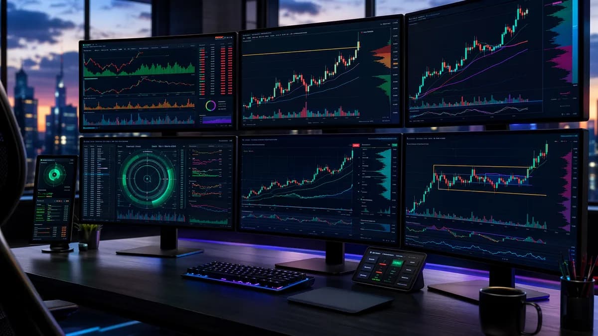 Modern trading desk with abstract charts and breakout signals on multiple screens