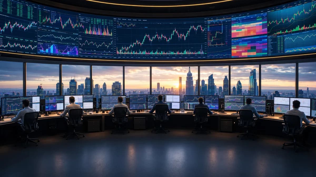 Seven trading workstations display advanced stock charts in a sleek modern trading floor.