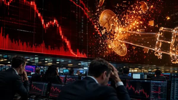 Crypto trading floor with falling red charts and bitcoin imagery suggesting a dividend stock crash.