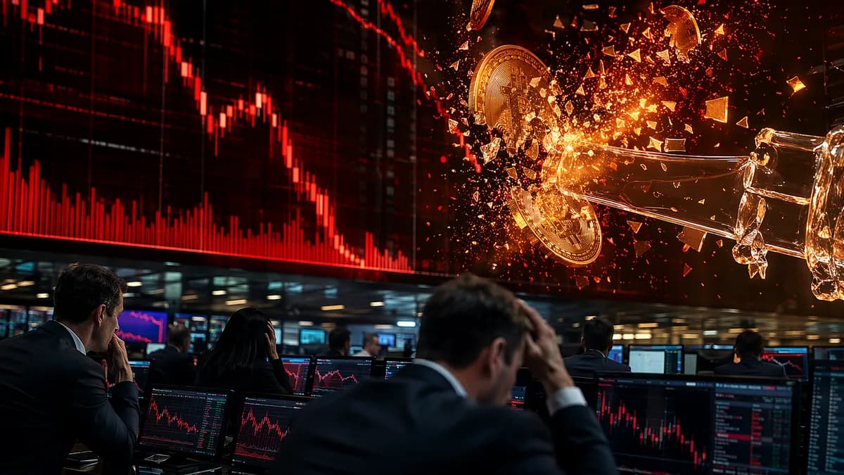 Crypto trading floor with falling red charts and bitcoin imagery suggesting a dividend stock crash.