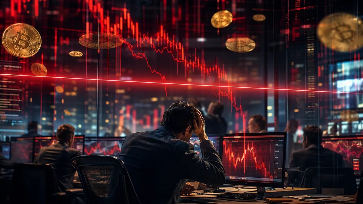 Trading floor with plunging red charts and bitcoin-like coins, symbolizing a crypto-backed preferred stock selloff.