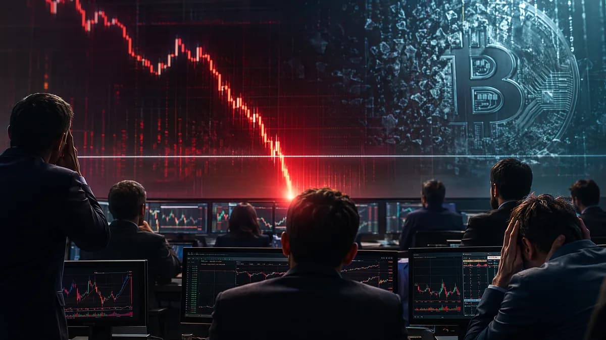 Trading floor with plunging stock chart and bitcoin motif showing funding stress