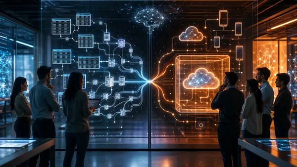 Developers compare open SQL pipelines with mobile cloud sync in a futuristic tech workspace.