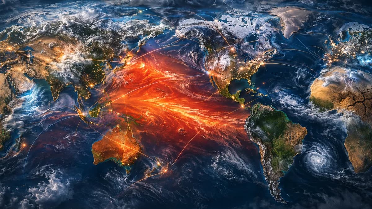 World map with warm Pacific currents and global storm patterns symbolizing a strong El Niño year.