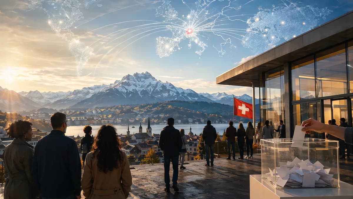 Swiss voters, alpine city, global map connections, and open borders symbolizing rejected population cap