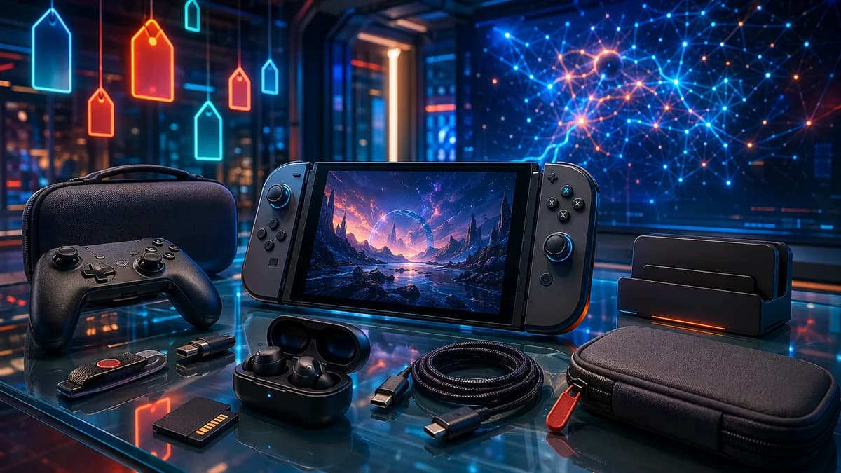 Generic handheld gaming console with accessories in a futuristic tech workspace, styled for a sale event.
