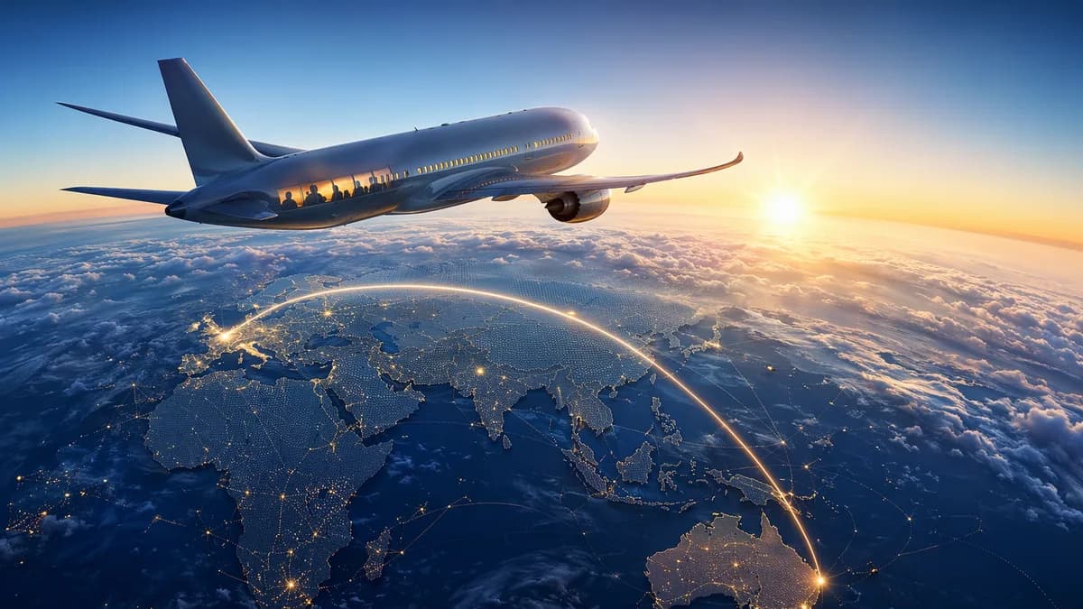 Sleek long-haul jet crossing a glowing world map route from Australia to Europe at sunrise.