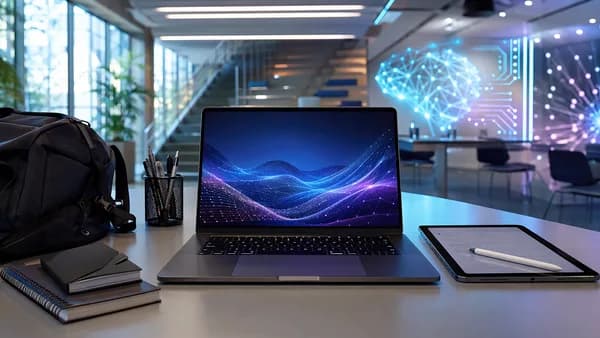 Laptop centered beside tablet in futuristic college workspace with glowing tech backdrop