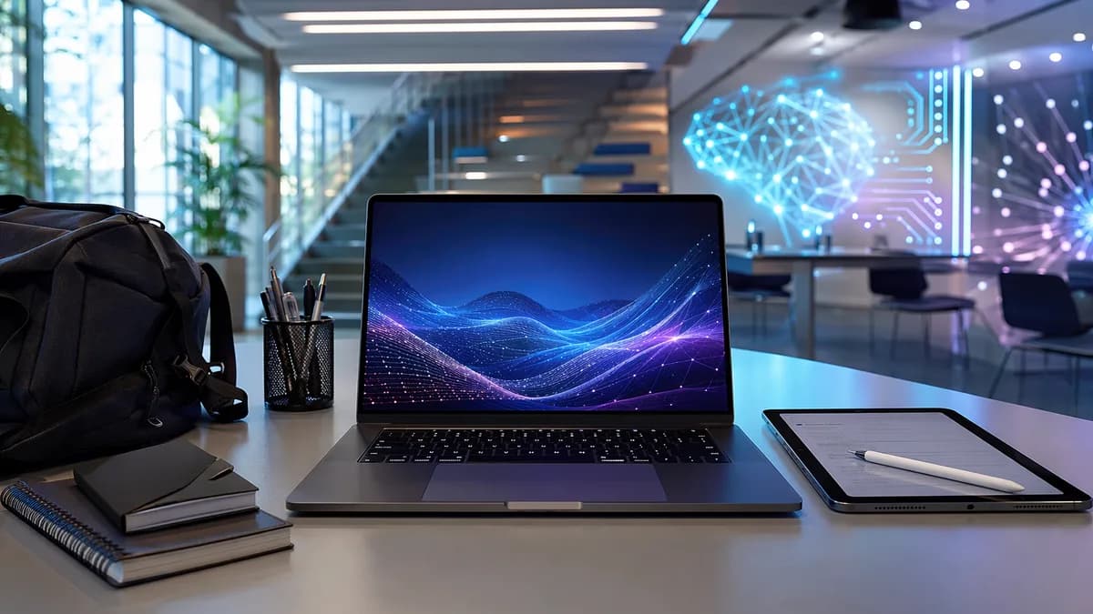 Laptop centered beside tablet in futuristic college workspace with glowing tech backdrop