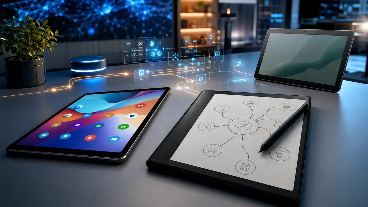 Glossy tablet and matte E-Ink planner with stylus in a futuristic productivity workspace