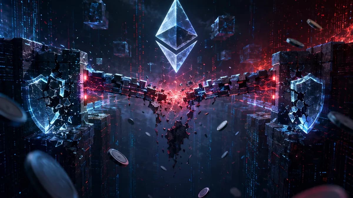 Fractured blockchain bridge with failing shields and locks in a dark cybersecurity scene