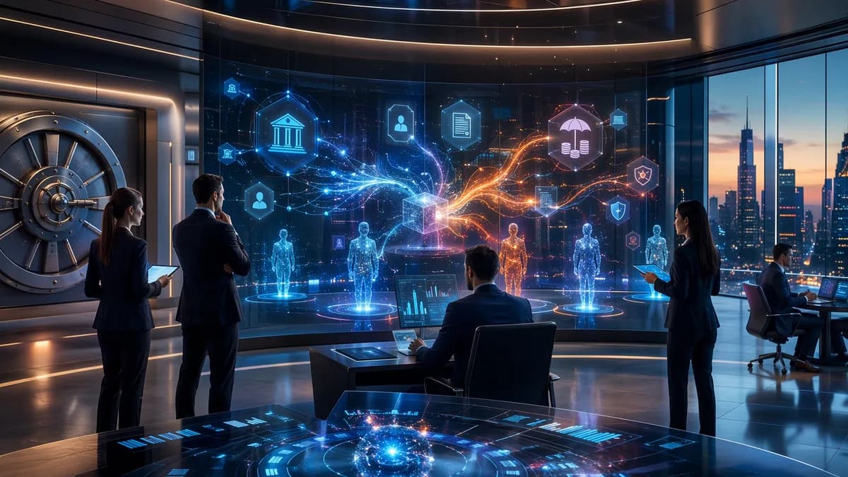 AI agents oversee automated banking and insurance risk decisions in a futuristic finance control room.